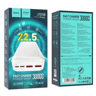 Išorinė baterija Power Bank Hoco J101B PD 20W+Quick Charge 3.0 22.5W 30000mAh baltas 4