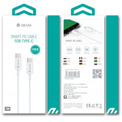 USB kabelis Devia Smart PD iš Type-C į Type-C 20V 3.0A 60W baltas