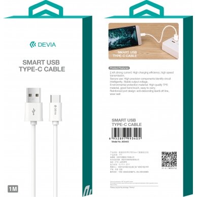 USB kabelis Devia Smart Type-C 1.0m baltas
